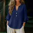 thumbnail image 5 of mihongmao Summer White Button Down Shirt Women Cotton Shirts Linen Tshirts Button Down Shirts Women's 3/4 Lace Sleeve V-neck Button Casual Print Loose Navy 3X, 5 of 9