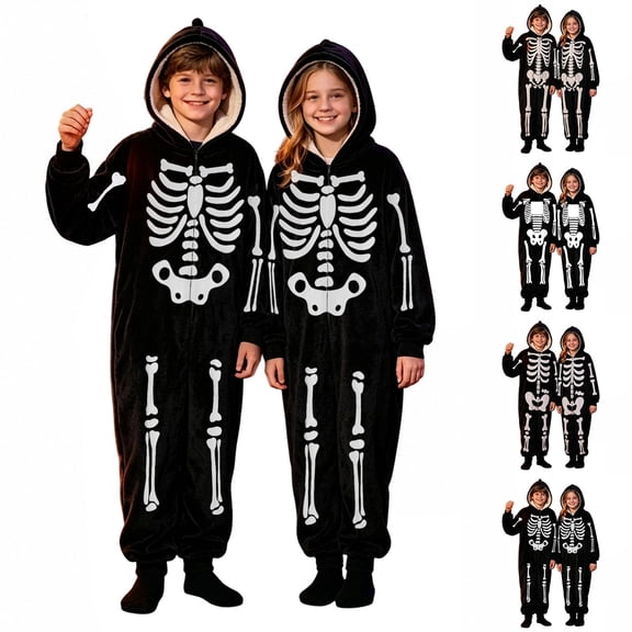 Shadoumai Halloween Jumpsuit Skeleton Fleece Romper For Kids Boys And Girls, Unisex Printed Jumpsuit Seasonal Dress-Up Trick-or-Treat Outfit Jumpsuit