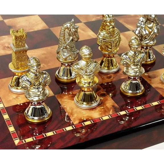 METAL Medieval Times Crusades Gold  Silver Busts Chess Set 18" Cherry Color Bd