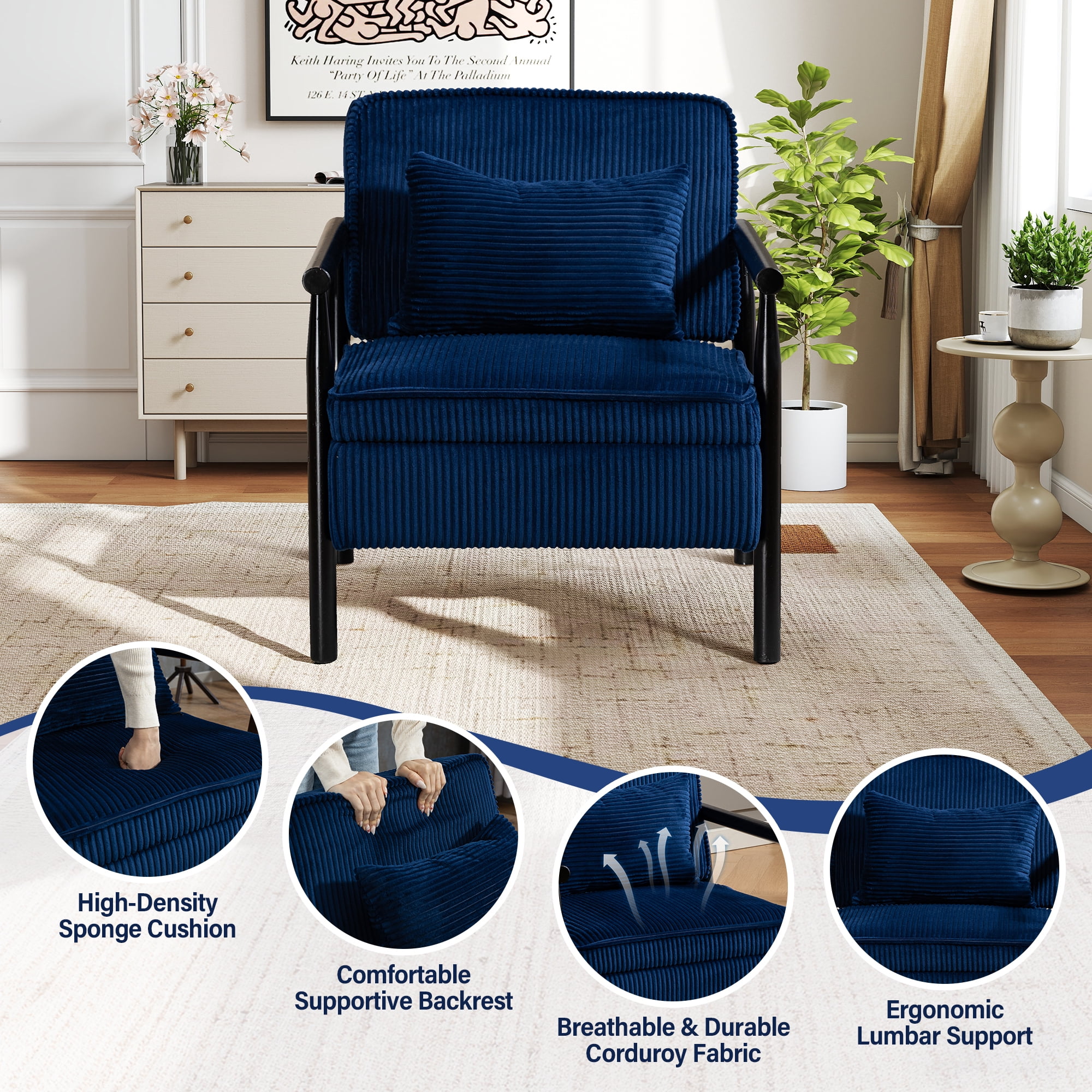Aukfa Upholstered Accent Chair with Storage Seat & Waist Cushion, High-Density Lounge Armchair for Living Room Bedroom,Blue