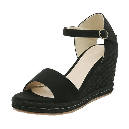 

Cathalem Fashion Women Summer Flock Weave Wedges Breathable Buckle Strap Toe Sandals Comfortable Beach Shoes Black 39