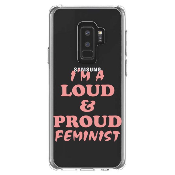 DistinctInk Clear Shockproof Hybrid Case for Samsung Galaxy S9  PLUS (6.2" Screen) - TPU Bumper Acrylic Back Tempered Glass Screen Protector - I'm a Loud & Proud Feminist