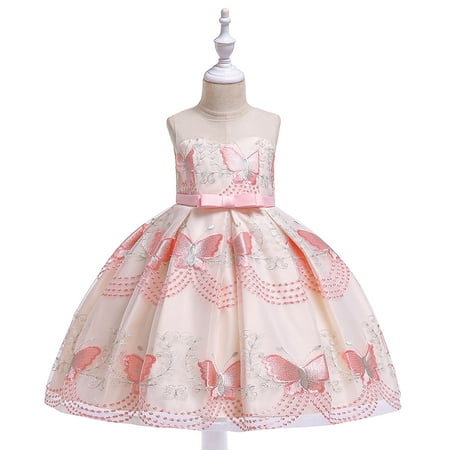 

Leesechin Girls Dresses Clearance Toddler Solid Color Butterfly Embroidery Bowknot Birthday Party Flowers Gown Kids Dresses