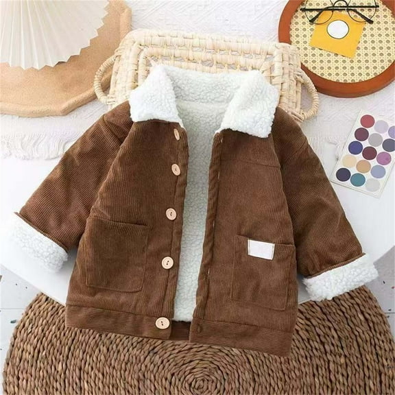 XXWXYD Girls Boys Corduroy Sher𝗉a-Lined Winter Coat Fle𝖾ce Jacket with Button Closure Thermal Warm Kids Outerwear Pockets
