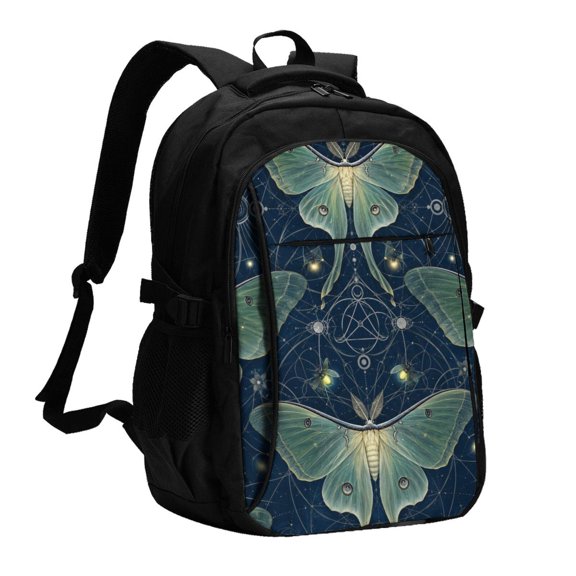 Mystical Luna Moth Geometry Laptop Backpack with USB Charging Headphone Port Casual Daypack Bag College Business Travel