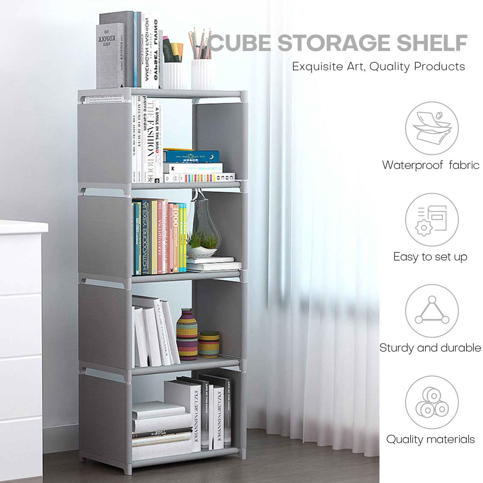 RIIPOO Storage Cube Shelves, 4-Cube Organizer Shelf for Bedroom Closet,  5-Layer Small Bookshelf, Bookcase Unit for Small Spaces