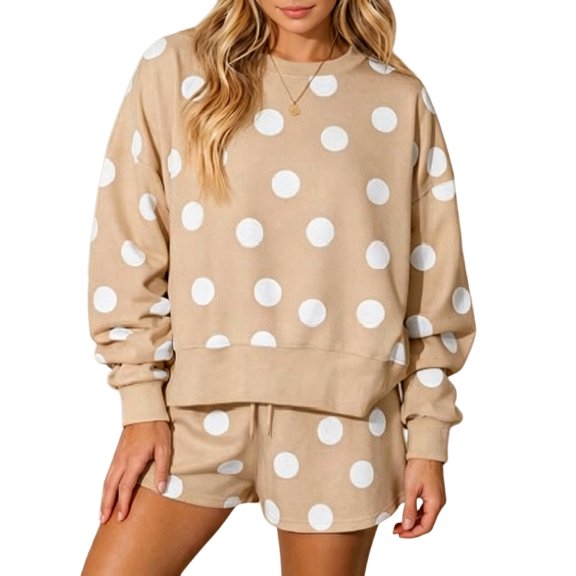 Womens Polka Dot 2 Piece Outfits Casual Oversized Long Sleeve Sweatshirts Shorts Set Tracksuits Sweatsuits S
