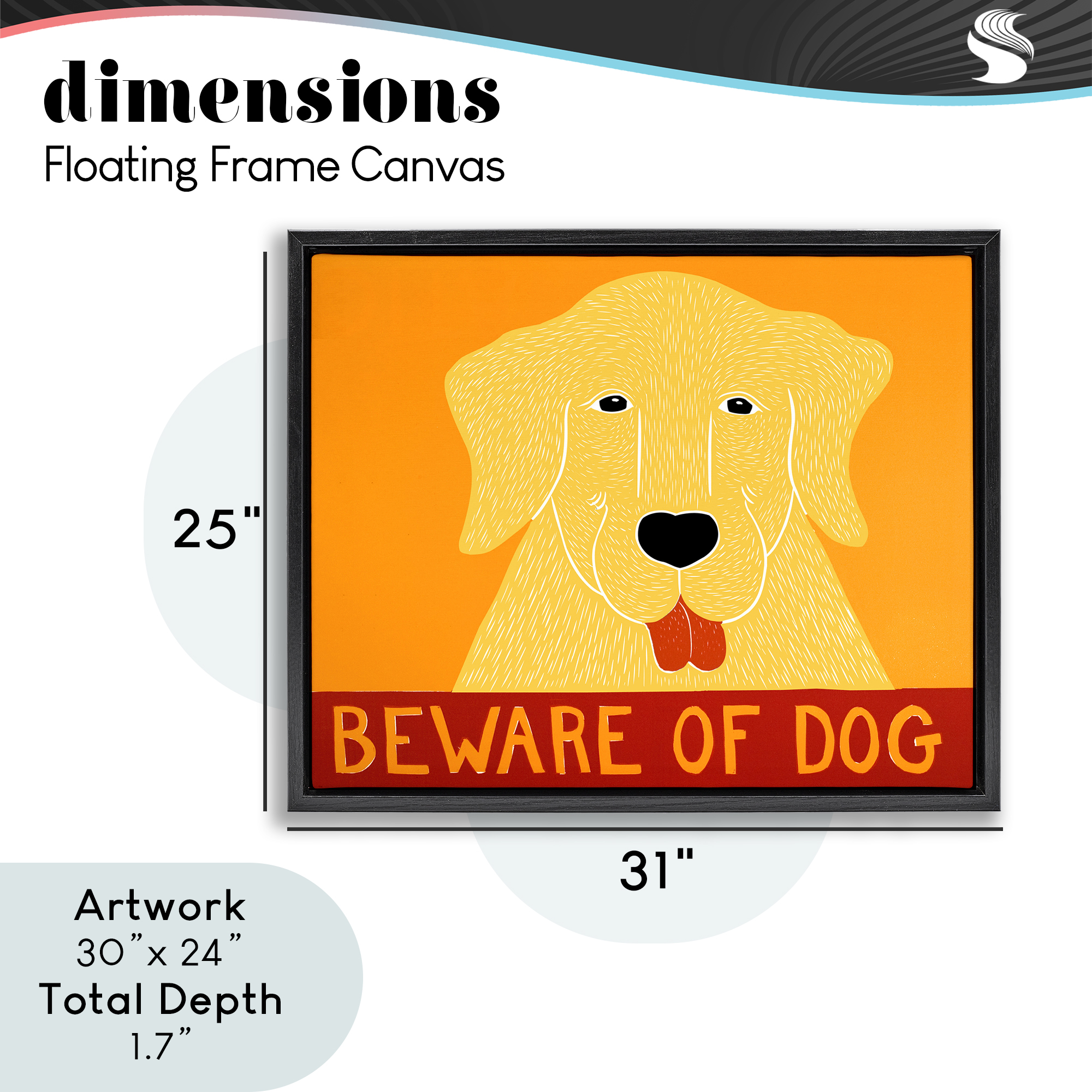 Beware Of Dog Yellow & Red Black Framed Floater Canvas Wall Art, design by Stephen Huneck