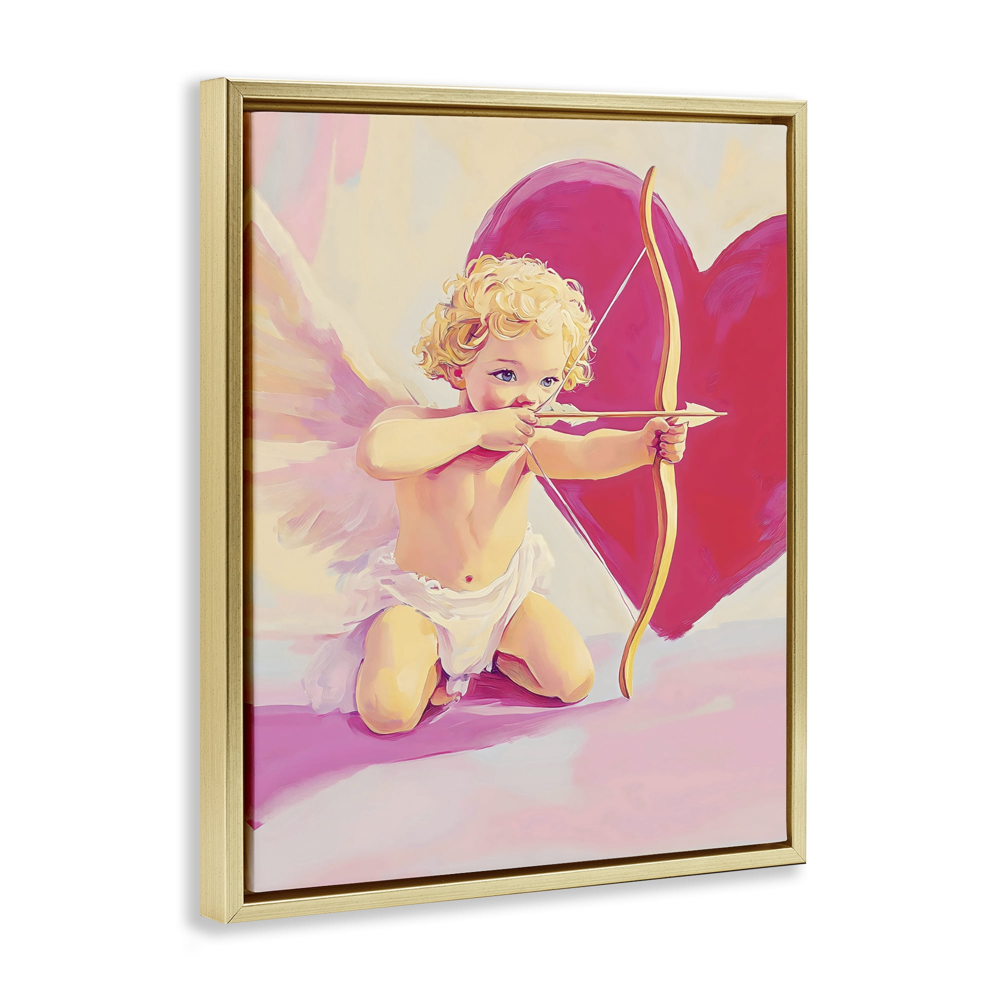 Stupell Industries Cupid Shooting Arrow with Heart Gold Framed Floater Canvas Wall Art, design by The Prints Vibe