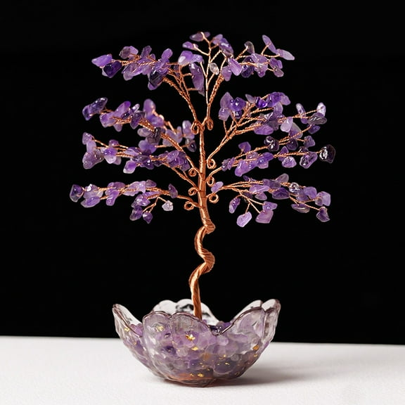 Natural Amethyst Chips Tree of Life Decorations Glass Base with Copper Wire Feng Shui Energy Stone Gift for Home Office Desktop Decoration 170~180x80mm