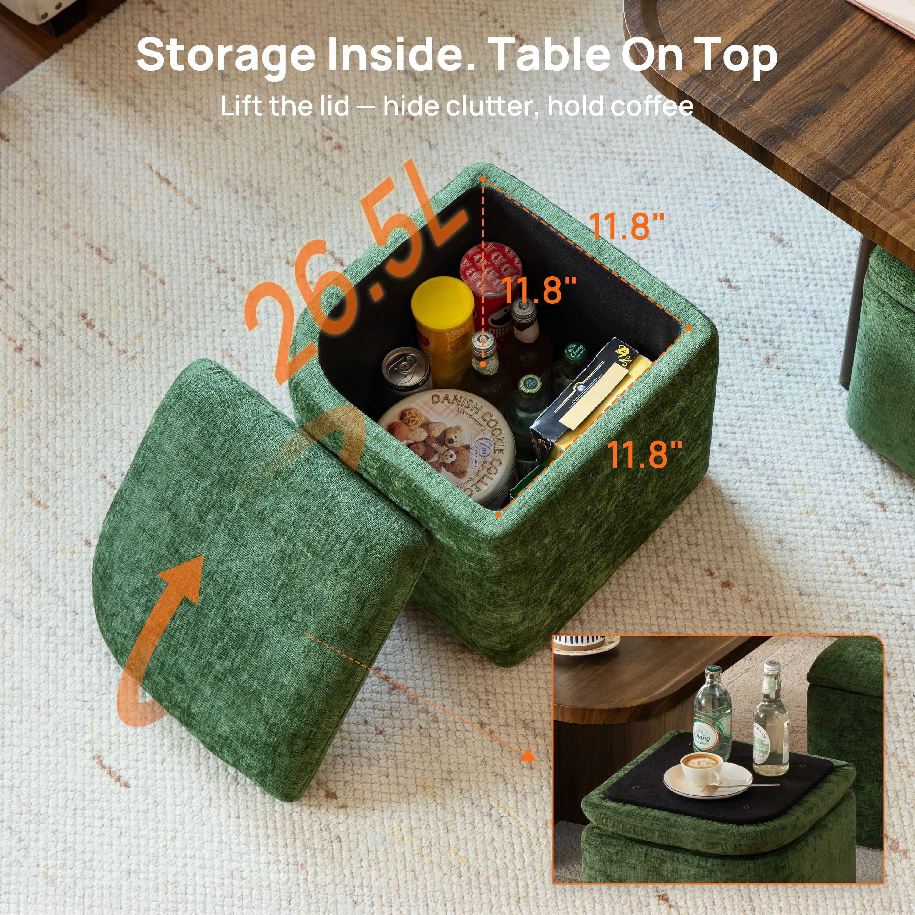 CHIC HOUSE Coffee Table Set with Stools for Living Room, Walnut & Green