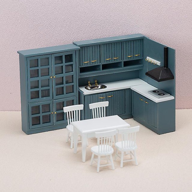 Juego de muebles de casa de muñecas de madera a escala 1/12 para cocina de casa de muñecas, incluye cocina en miniatura moderna, juego de dos piezas de mesa de cocina+una mesa, cuatro sillas