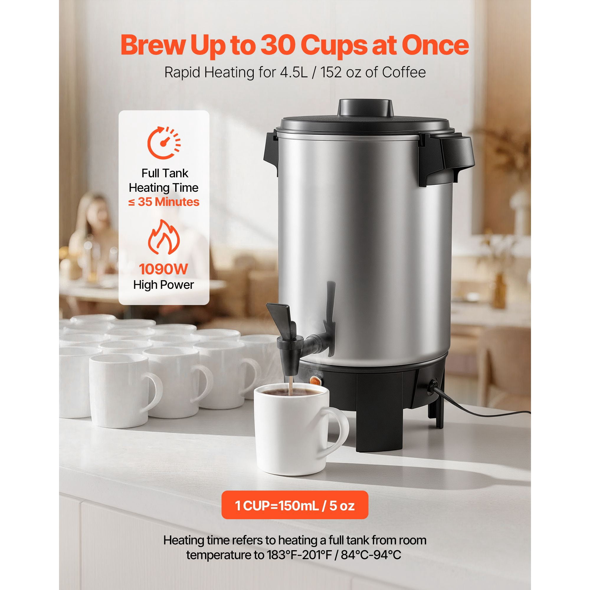 Commercial Coffee Urn 4.5L/152oz 30 Cups 1090W Quick Brew with Reusable Filter Drip-Free Spout for Restaurant Office Banquet