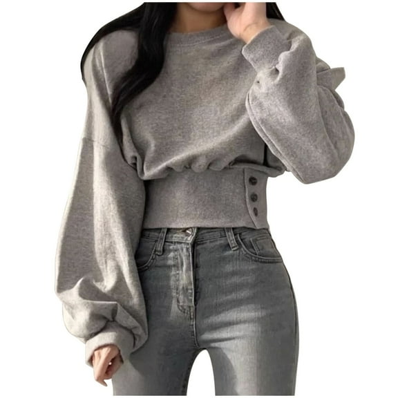 Htigea Women's Long Sleeve Crop Sweatshirts Side Button Slimming Top Y2k Shirt Solid Crewneck Pullover Sweatshirt Gray M