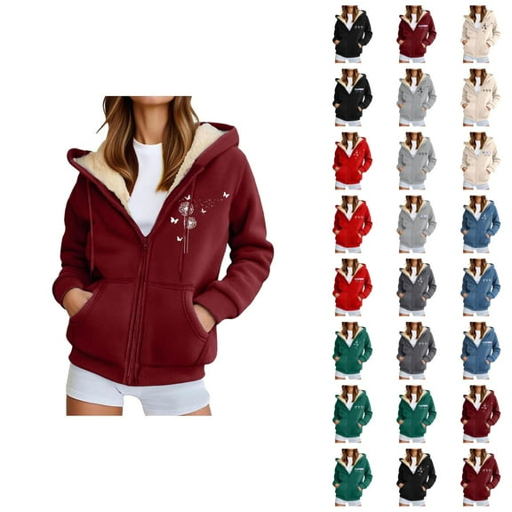 Fleece Lined Thick Hoodies for Women 2025 Winter Long Sleeve Zip Up Graphic Hooded Sweatshirt with Pockets Jacket Coat