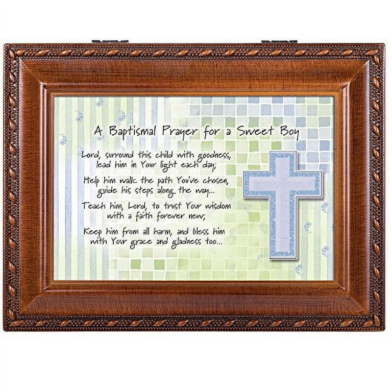 Cottage Garden Baptismal Prayer Lead Him Woodgrain Rope Trim Jewelry Music Box Plays Jesus Loves Me