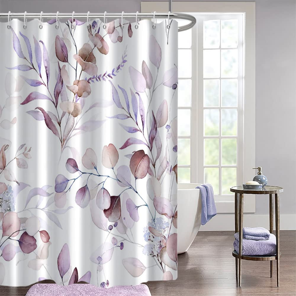 Purple Shower Curtain, Purple Eucalyptus Leaves Shower Curtain Set for ...