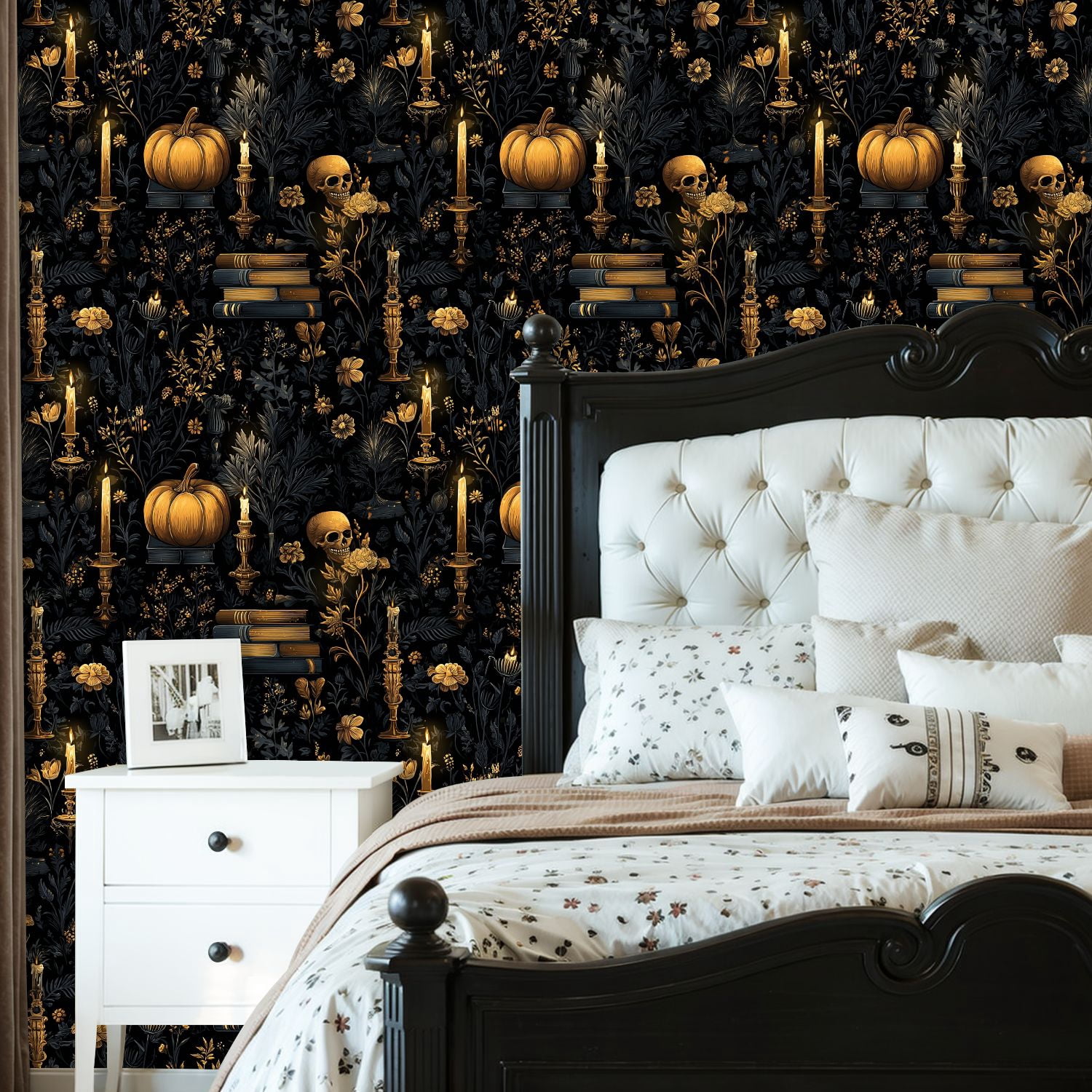 Peel and Stick Wallpaper Vintage Candlelit Pumpkin Books Floral Skeleton Botanicals Wall Mural 23.6in x 9.8ft Self Adhesive Removable Wall Paper Renter Friendly Wallpaper for Bedroom Cabinets