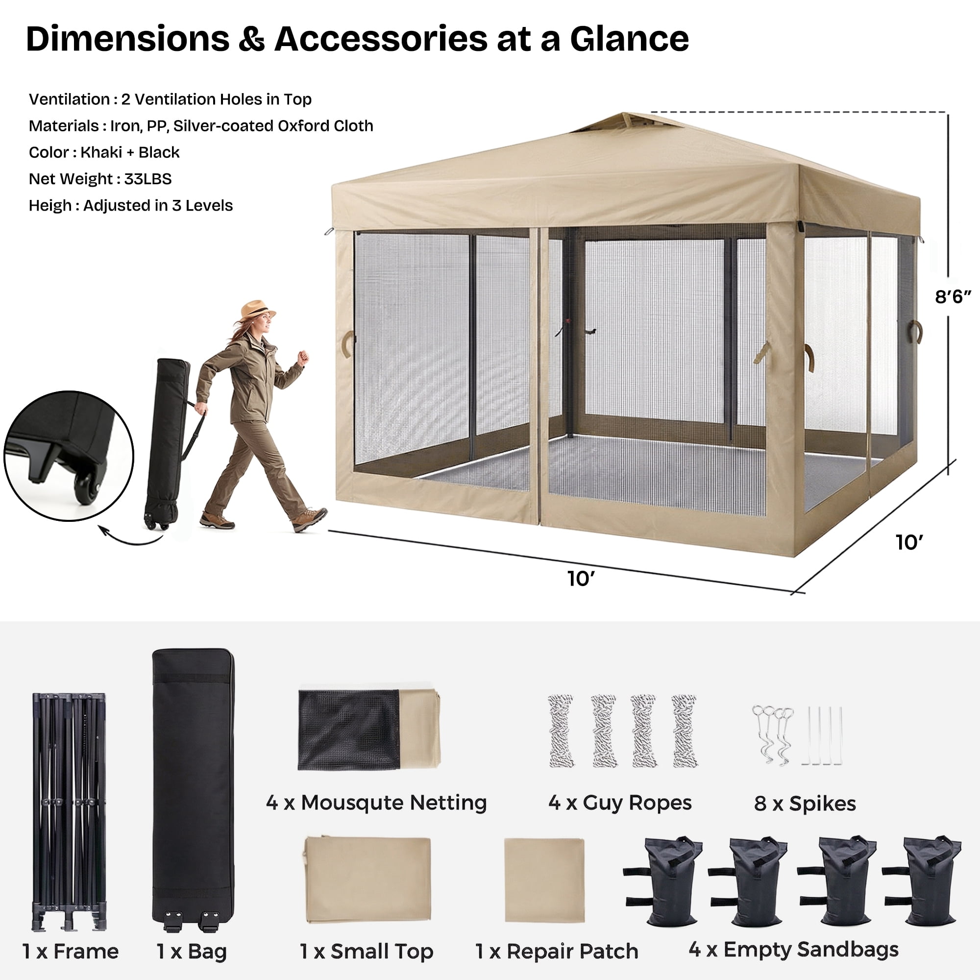 Advwin 10x10 Pop Up Canopy Tent with Netting, Instant Folding Outdoor Gazebo with Wheeled Carry Bag, 3 Adjustable Heights, 4 Sandbags & 4 Ropes, Portable Canopy Shelter for Patio, Backyard, Camping,