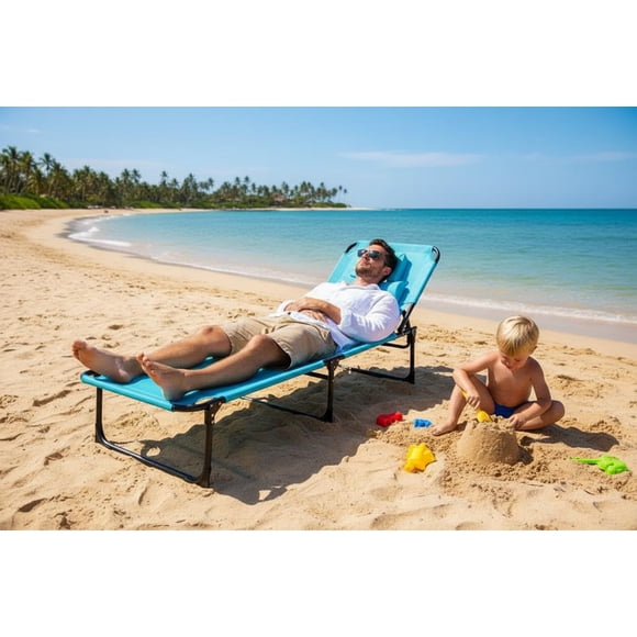 Chaise de Terrasse Pliante pour Bronzage avec Ouverture pour le Visage – Dossier Réglable à 5 Positions – Oreiller et Poche Latérale – Chaise Longue Portable pour Plage, Bord de Piscine, Bain de Soleil Extérieur – Bleu
