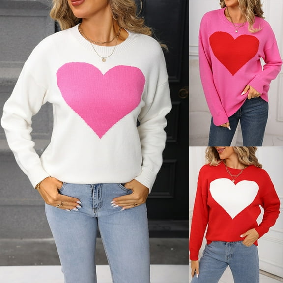 Sakmal Womens Fall Sweaters Oversized Pink Heart Print Crew Neck Loose Womens Sweaters L