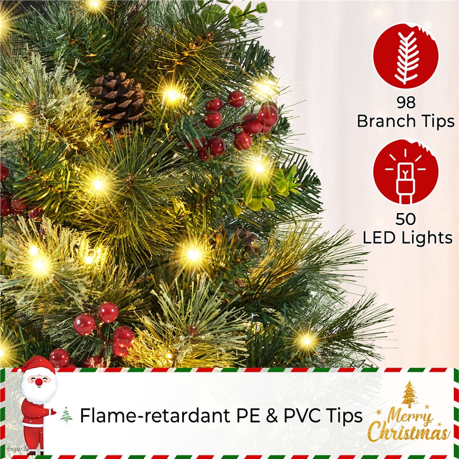 Alden Design Set of 2 3FT Pre-lit Outdoor Pathway Christmas Trees with Stakes,Red Berries and Pinecones for Driveway, Yard, Garden, Green