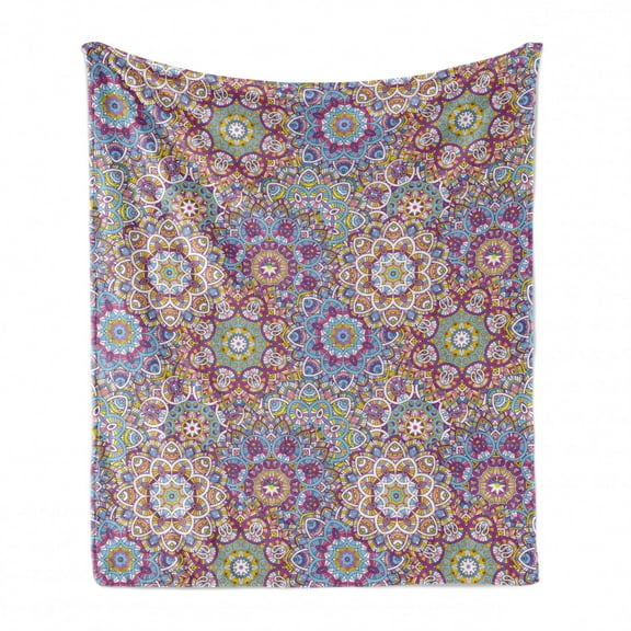 Lotus Soft Flannel Fleece Throw Blanket, Mandala Pattern with Mixed Floral Folk Circles Colorful Oriental Florets Design, Cozy Plush for Indoor and Outdoor Use, 60" x 80", Multicolor, by Ambesonne