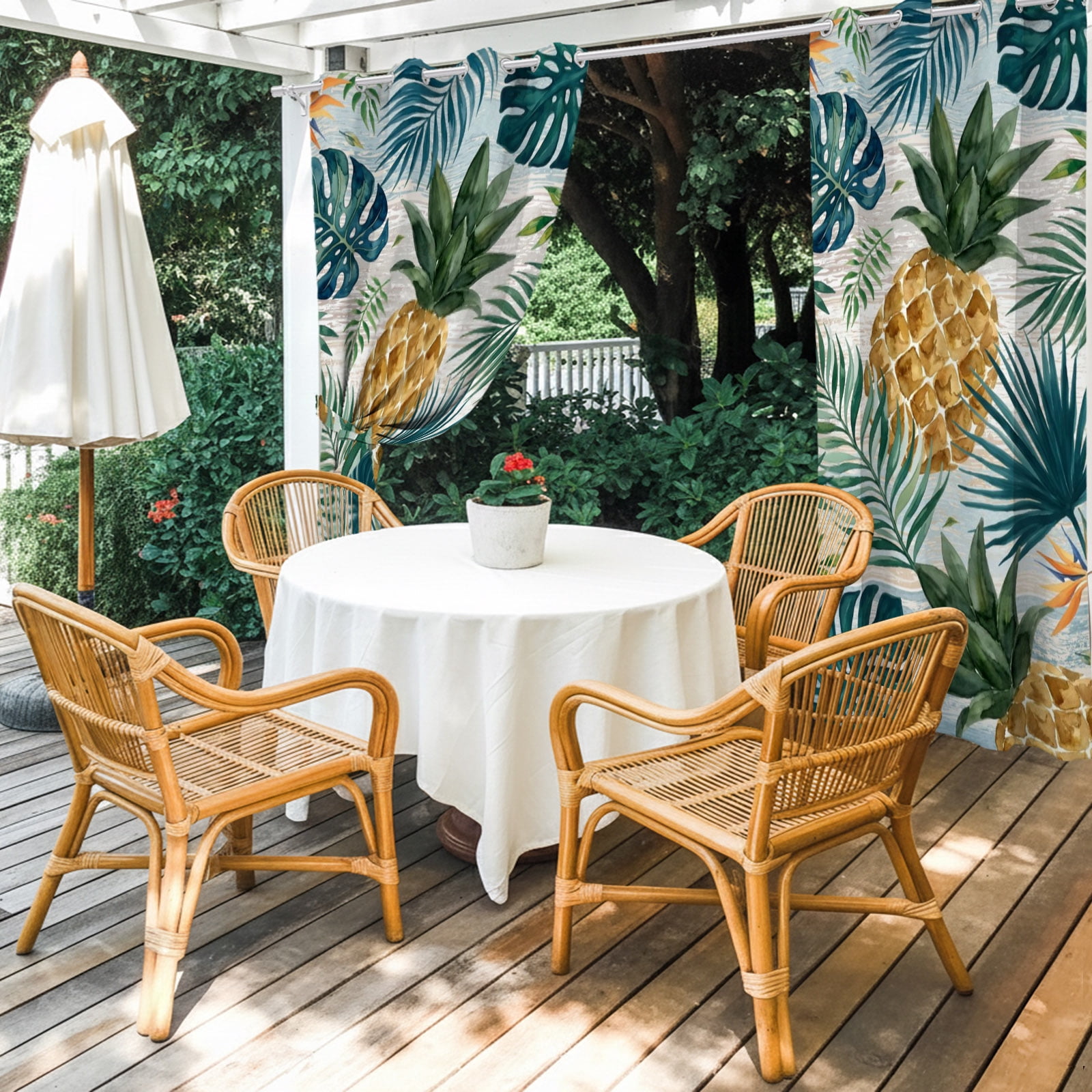 Yellow Pineapple Outdoor Curtains for Patio, Green Monstera Leaf Vintage Tropical Botanical Summer Sunshade Privacy Drapes Grommet Waterproof Outside Curtains for Porch Balcony 54"x108", 1 Panel