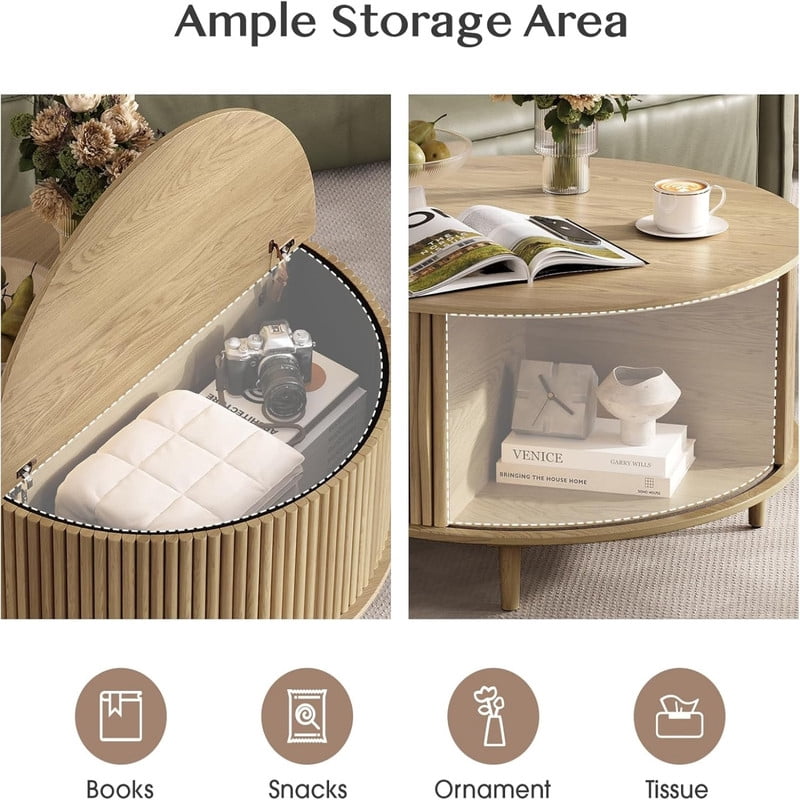 Kelno 31" Coffee Table Round Coffee Tables with Storage Mid Century Rustic Wood Desktop with Hidden Compartment Sliding Cabinet Door, Natural Wood
