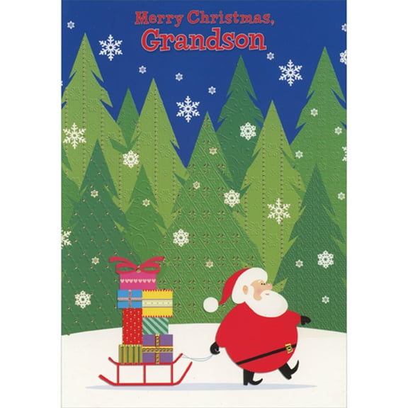 Designer Greetings Santa Pulling Sled Stacked with Gifts, Evergreens and Large Snowflakes Juvenile Christmas Card for Young Grandson