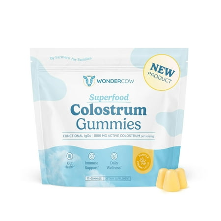 WONDERCOW Colostrum Gummies for Gut Health, Immune Support, Muscle Recovery & Wellness | Natural IgG Whole Bovine Colostrum Supplement, 1,000mg per Serving (15 Gummies (5 Servings), Vanilla Cream)