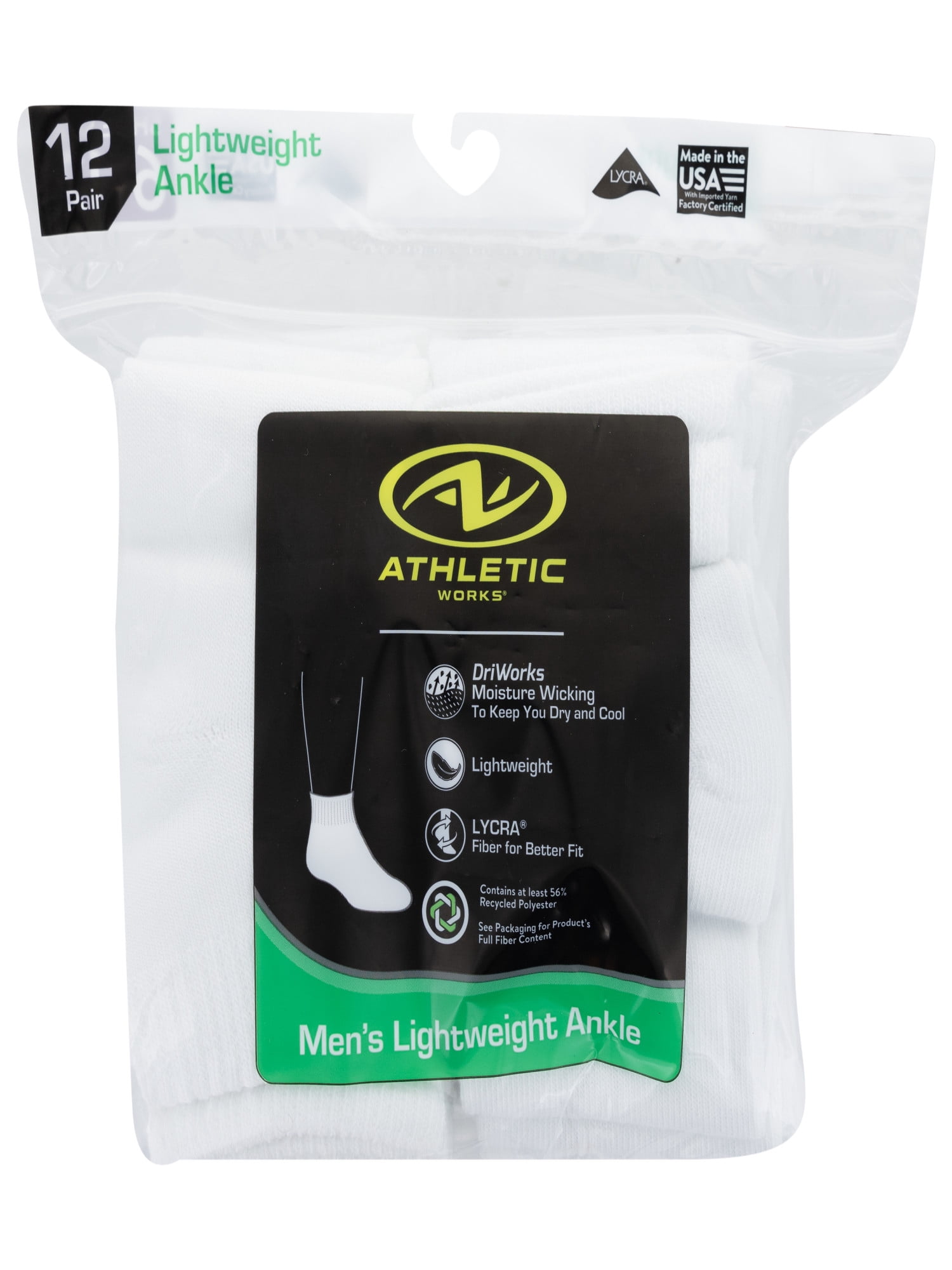 Athletic Works Men's Lightweight Ankle Socks, 12-Pack, Moisture-Wicking, Lightweight Fabric, Fits Shoe Sizes 6-12