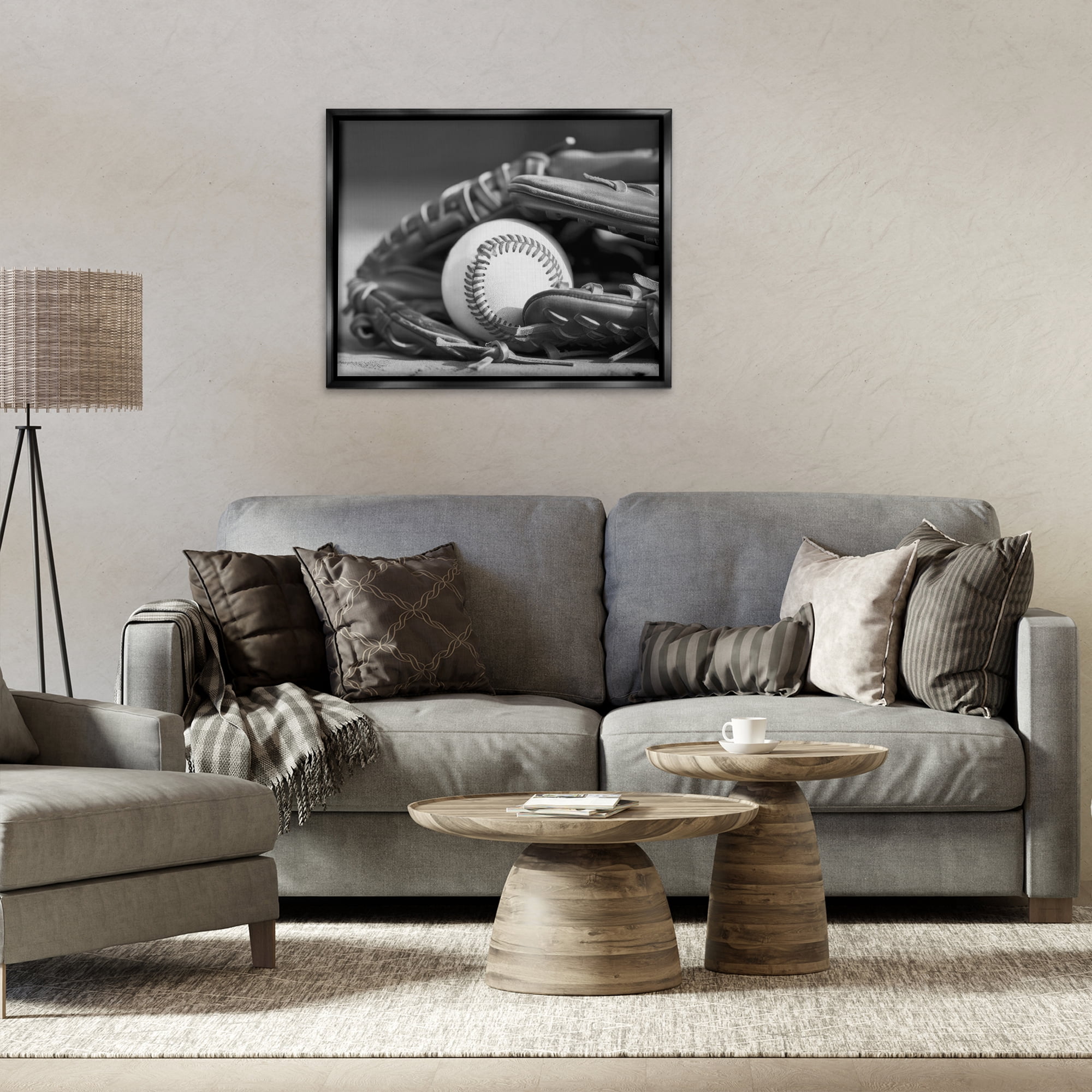 Stupell Industries Baseball Mitt & Ball Sports Photography Black Floater Framed Canvas Art Print Wall Art, 31 x 25