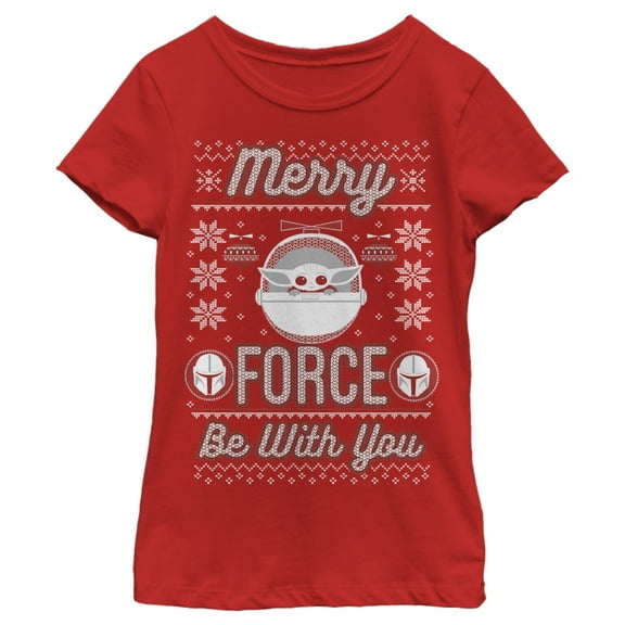 Girl's Star Wars: The Mandalorian Christmas The Child Ugly Space Pod  Graphic Tee Red Medium
