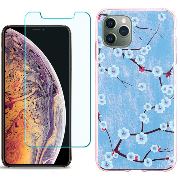 For Apple iPhone 11 PRO Case, Slim-Fit TPU Protective Phone Case (Pink Bezel) with Tempered Glass Screen Protector, by OneToughShield ® - Blossom Sky