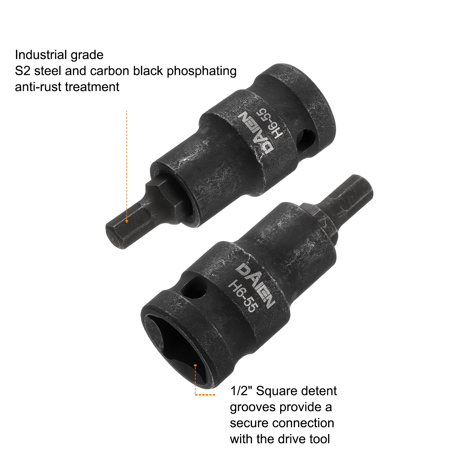 Uxcell 5pcs H6 Hex Bit Socket 55mm/2.17" Length 1/2" Square Drive Metric Extension Impact Bit Power Nut Driver Set S2 Steel Socket Ratchet Wrench Bits, Black