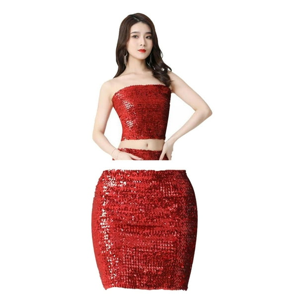 Top tubo de danza del vientre,Top de tubo con lentejuelas para danza del vientre para mujer Danza oriental,Ropa de baile Envoltura en el pecho Blusa de fiesta Estiramiento,Top corto de tubo sin Salvador Top tubo de danza del vientre