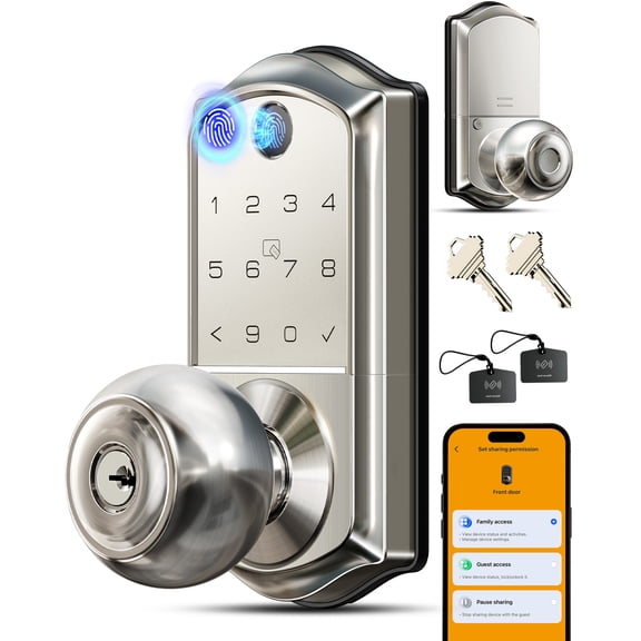 Veise VE018 Fingerprint Keypad Smart Door Knob Handle Lock, Satin Nickel App Control, Electronic Touchscreen Keypad, Remote Grant Access, Fob Unlock, Auto Lock, Keyless Entry for Front Door, Bedroom