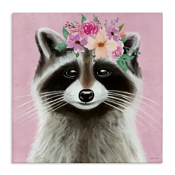 Stupell Industries Pink Florals Raccoon Animals & Insects Painting Gallery Wrapped Canvas Art Print Wall Art, 17 x 17