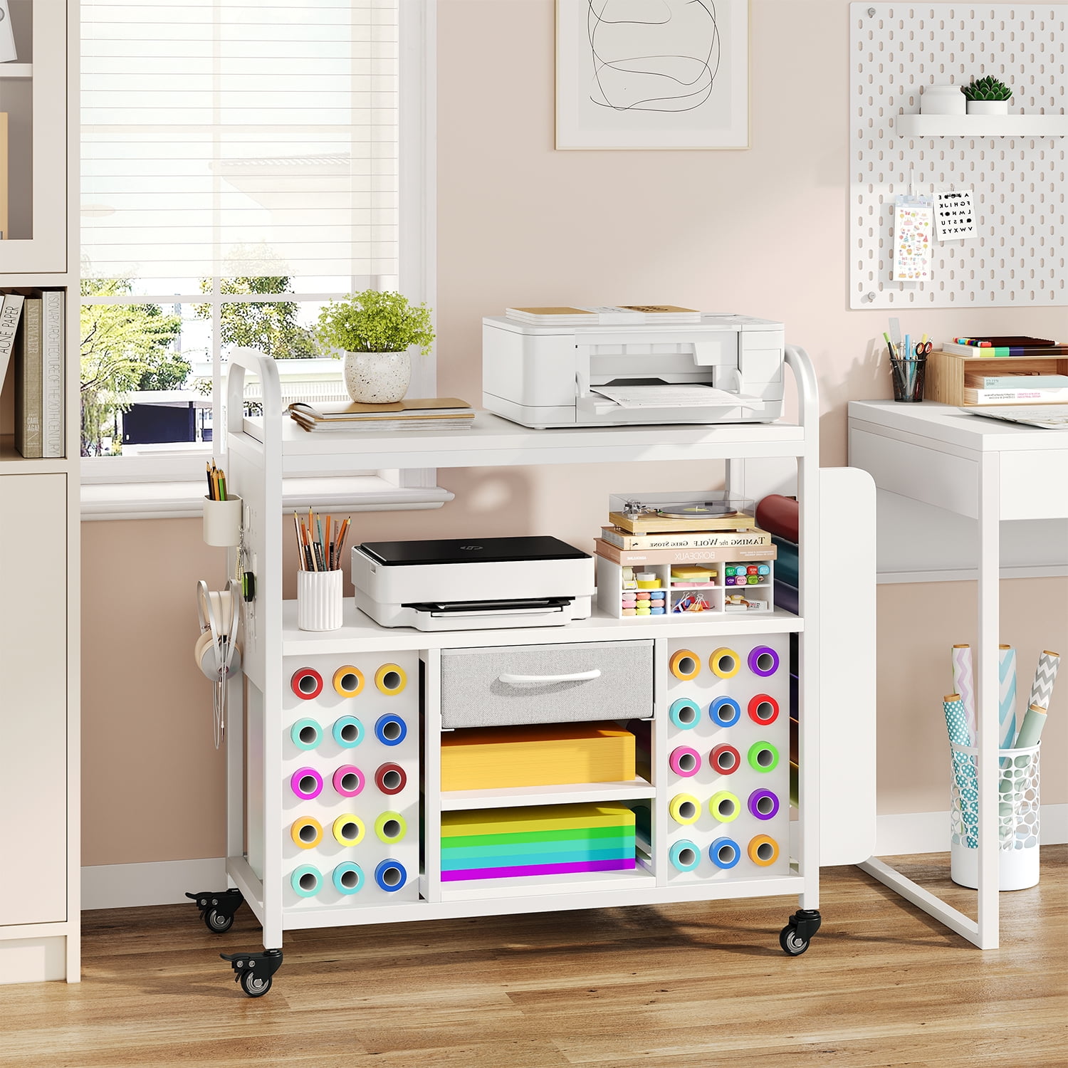 Large Rolling Craft Organization and Storage Cart with Vinyl Roll Holder & Hooks, Mobile Craft Organizer Workstation Compatible for Cricut Machines, Sewing Cricut Stand, Craft Room Storage Cabinet