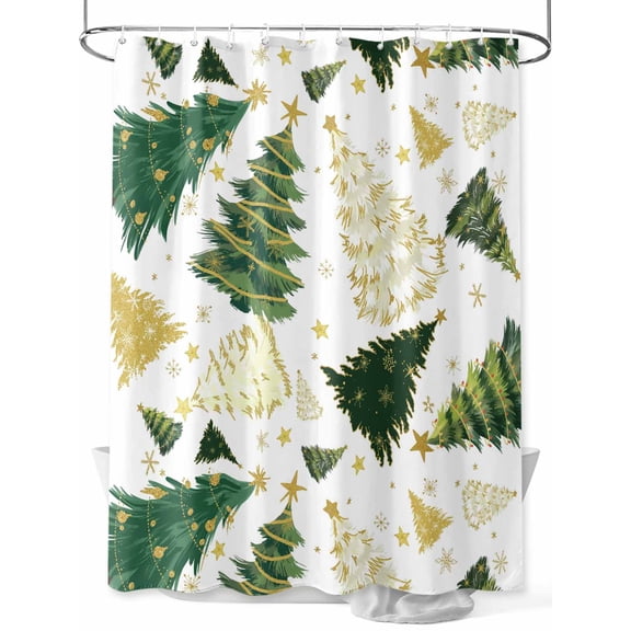 Fsddascl Christmas Tree Shower Curtain Set - Long 72" x 84" Washable Bathtub Curtain with 12 Hooks, Green Golden Xmas Tree Snowflake Waterproof Fabric Stall Shower Curtains for Bathroom/Bathtub