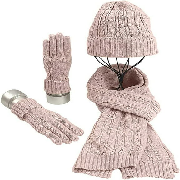 Winter Warm Beanie Scarf And Gloves Set For Women'S Skull Cap And Neck Scarf With Fleece Lining-Pink
