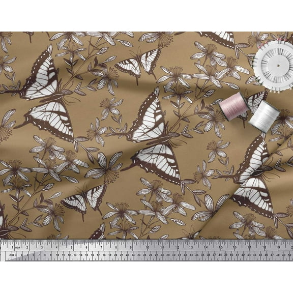 Soimoi Brown Cotton Voile Fabric Flower & Butterfly Fabric Prints by Yard 42 Inch Wide
