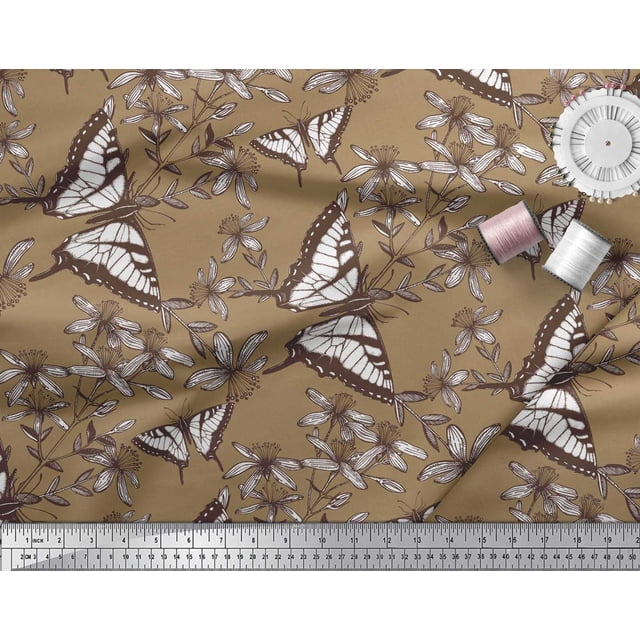 Soimoi Brown Rayon Fabric Flower & Butterfly Printed Craft Fabric by The Yard 42 Inch Wide
