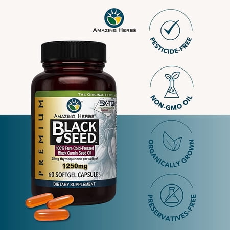 Amazing Herbs Premium Black Seed Oil Capsules - High Potency, Cold Pressed Nigella Sativa Aids in Digestive Health, Immune Support & Brain Function - 1250mg (60 Count