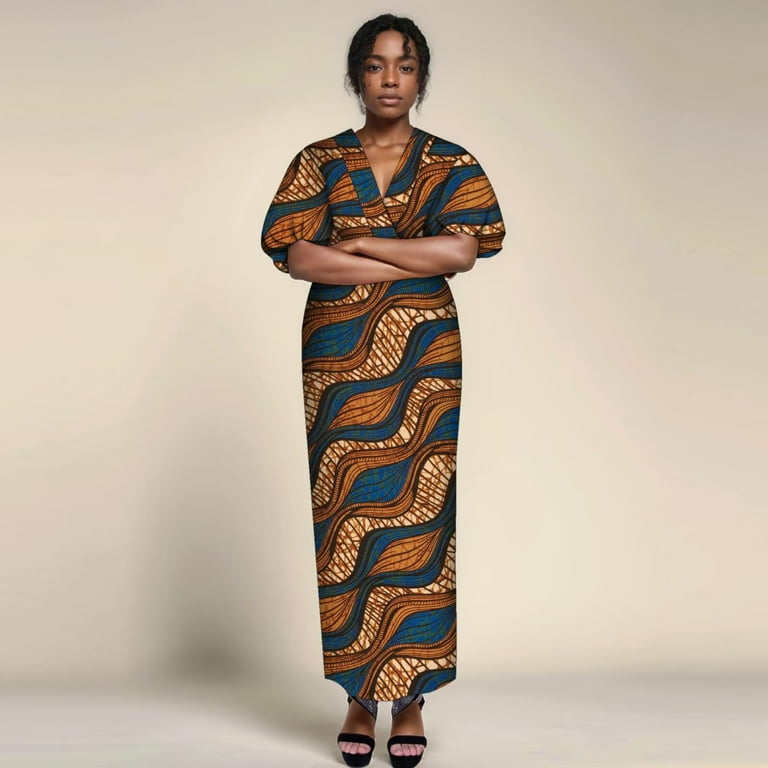 Bintarealwax African Women's Bodycon Dress Outfit Puff Hip-covering Long Ankara Dresses Dashiki Wax Print Clothing for Lady Wy10374, Size: Large
