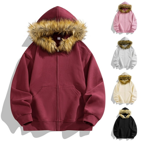 qolati Mens Hoodie Y2k Trendy Zip Up Jacket Faux Furs Hooded Jackets Warm Winter Coat for Men Cozy Solid Sweatshirts Fall Outfits Wine S