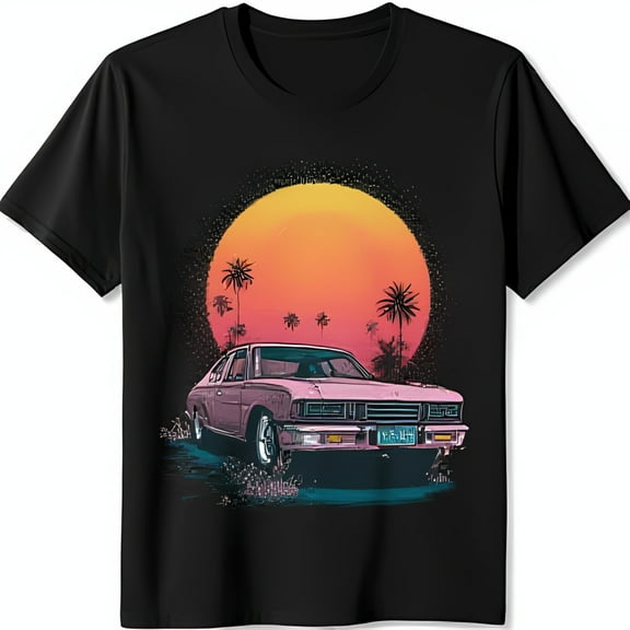 Retro Pink Classic Car T-Shirt with Sunset and Trees 80s Vintage Style