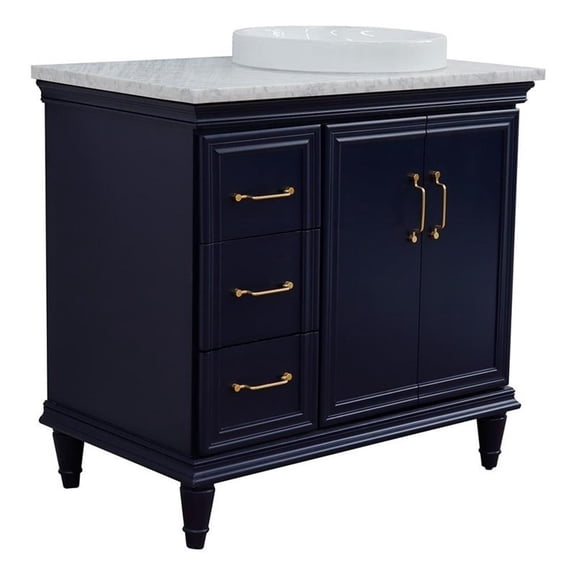37 in. Single Wooden Vanity  Blue White Carrara Round Right Door.Right Sink