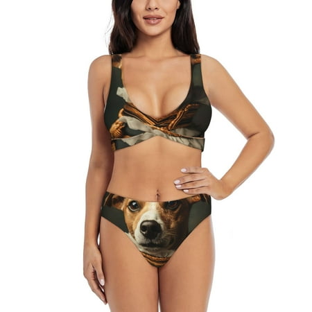 Zeuib Modern Cute Dog High Waisted Tummy Control Bikini Set - Knot Front Push Up Top & Cheeky Thong Bottom  Two-Piece Swimsuit for Women-X-Large